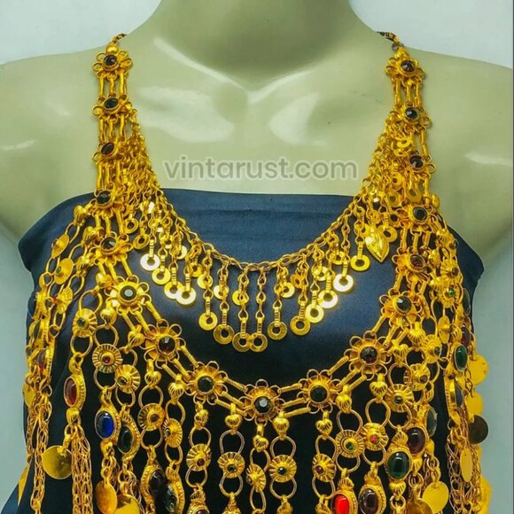 Golden Tone Choker Necklace With Long Dangling Tassels, Afghan Jewelry, Nomadic - Picture 12 of 13